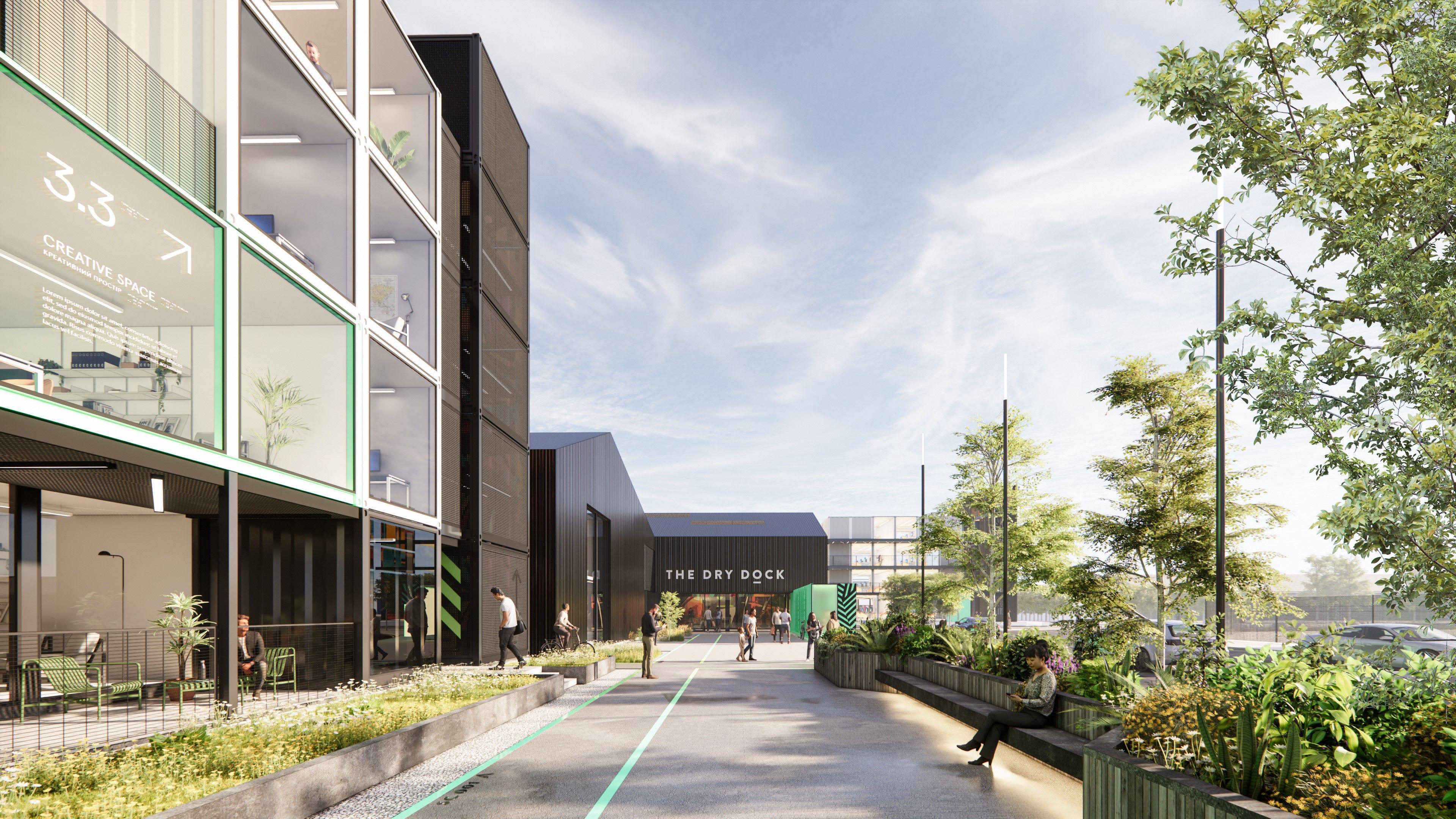 An artist's impression of the Dry Dock development in Leith. It shows a tree lined street with a glass fronted office building on the left of the image and a dark shed in the background under a blue sky.