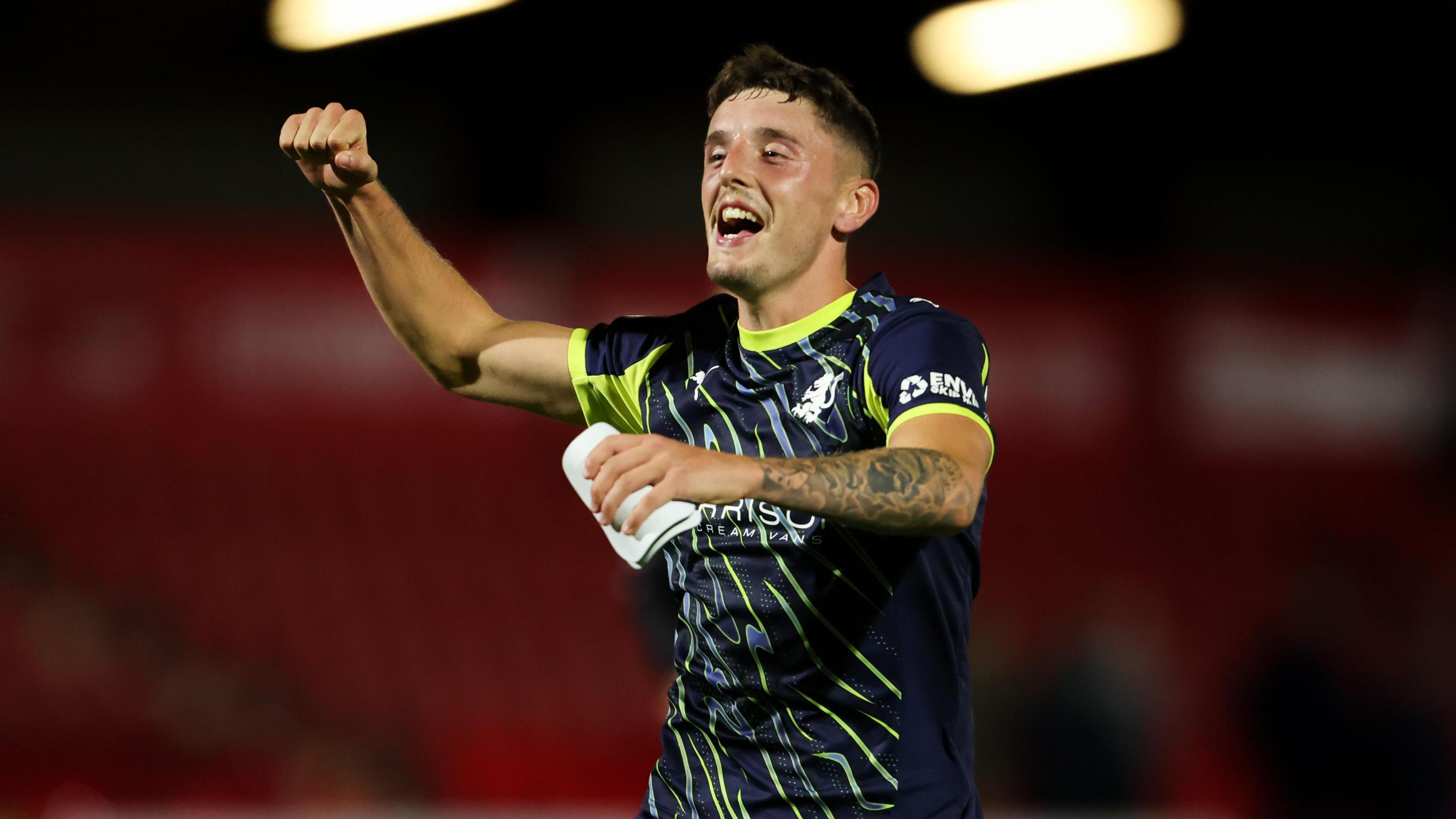 Reece Hutchinson celebrating his goal for Crewe Alexandra against Fleetwood Town