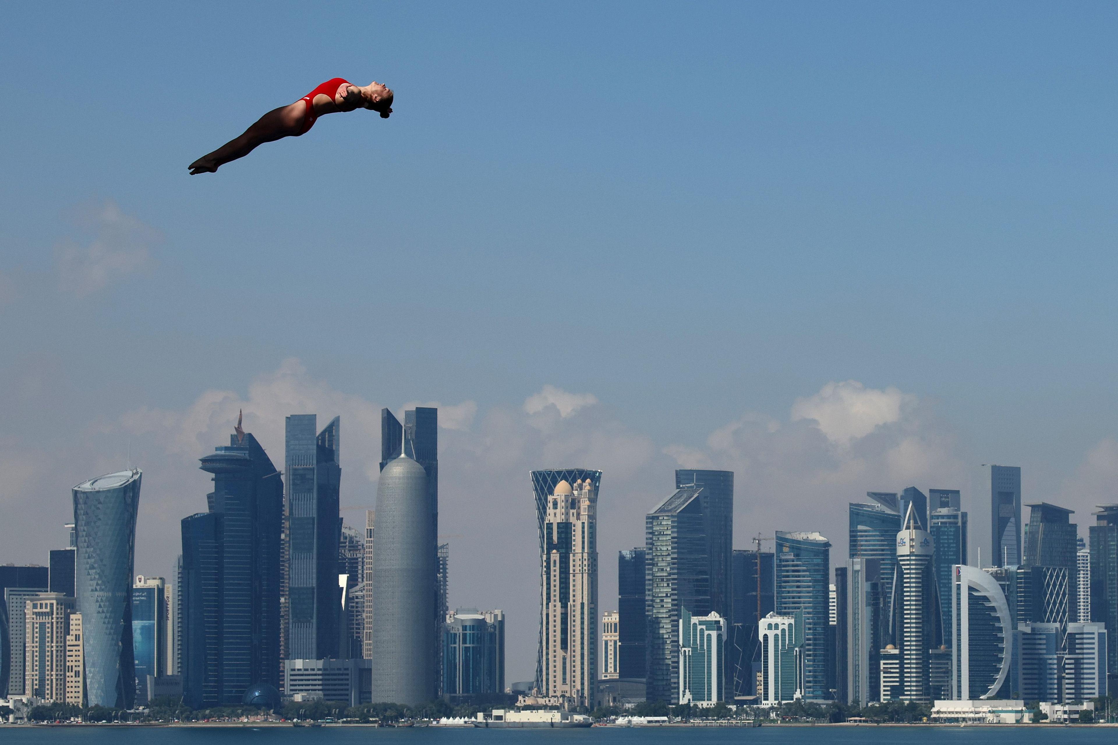 Denmark's Annika Bornebusch competes in the women's 20m high diving at the World Aquatics Championships in Doha