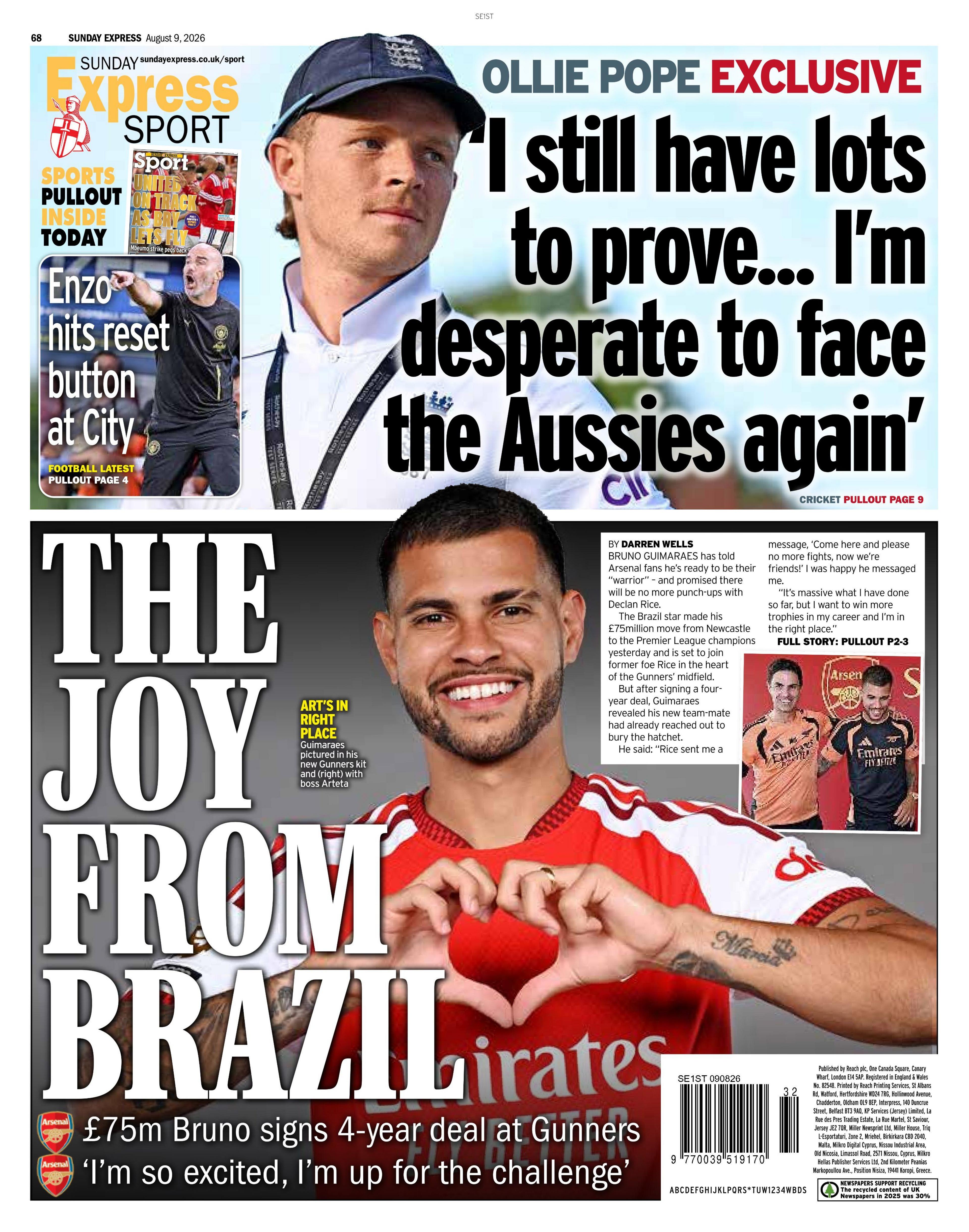 Back page of the Sunday Express on 9 August 2026