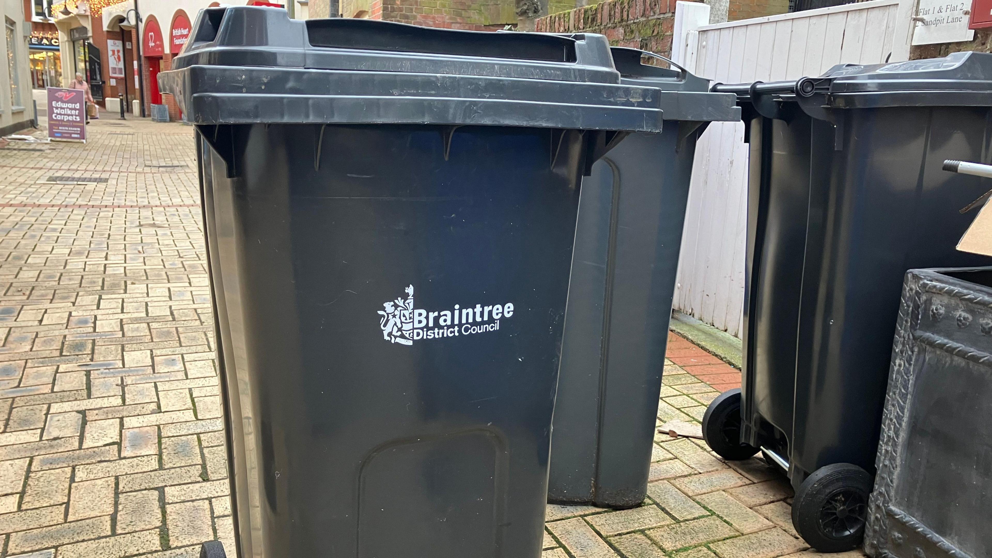 3 black bins on Braintree high street