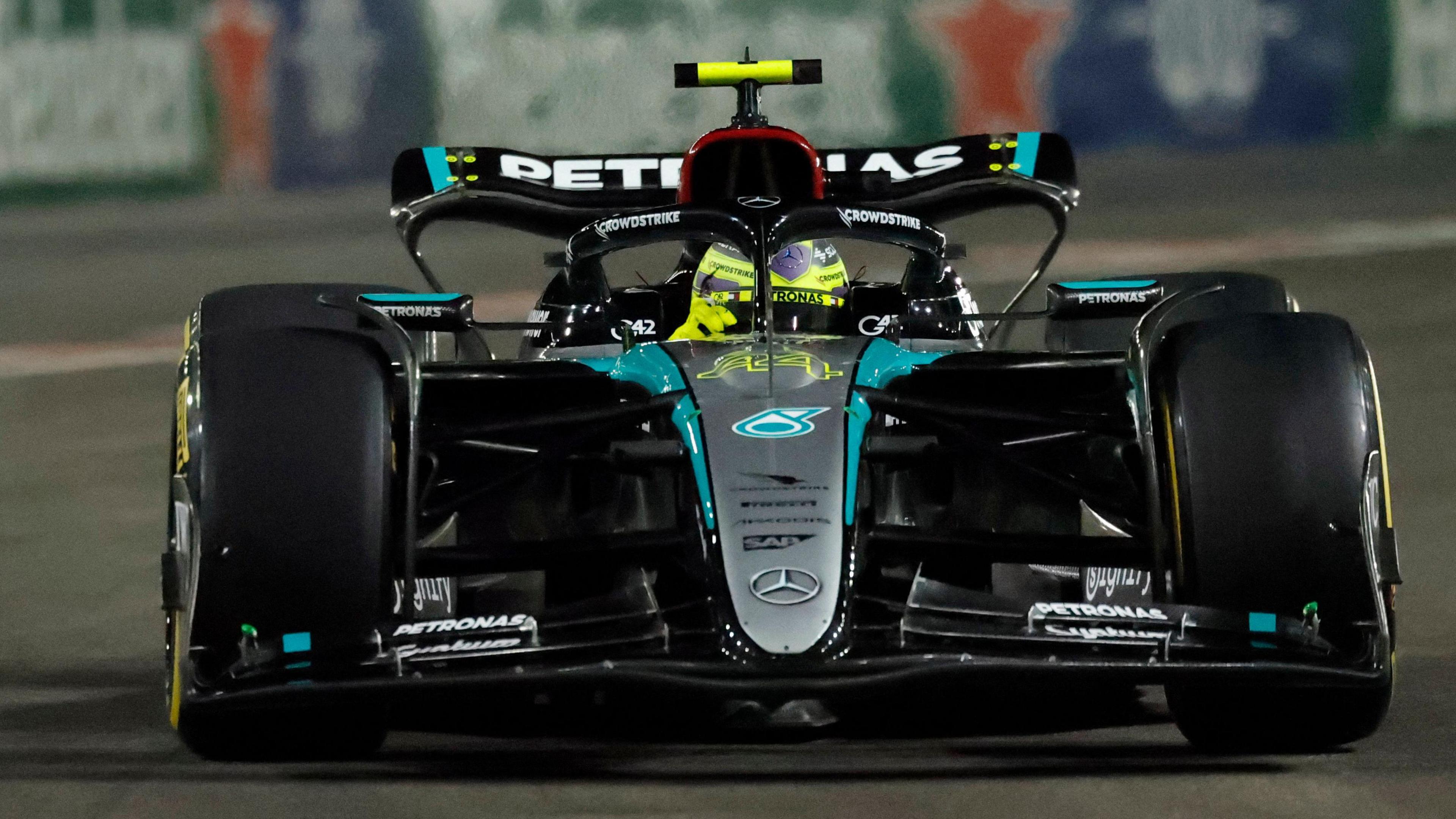 Lewis Hamilton drives his Mercedes in Las Vegas Grand Prix practice