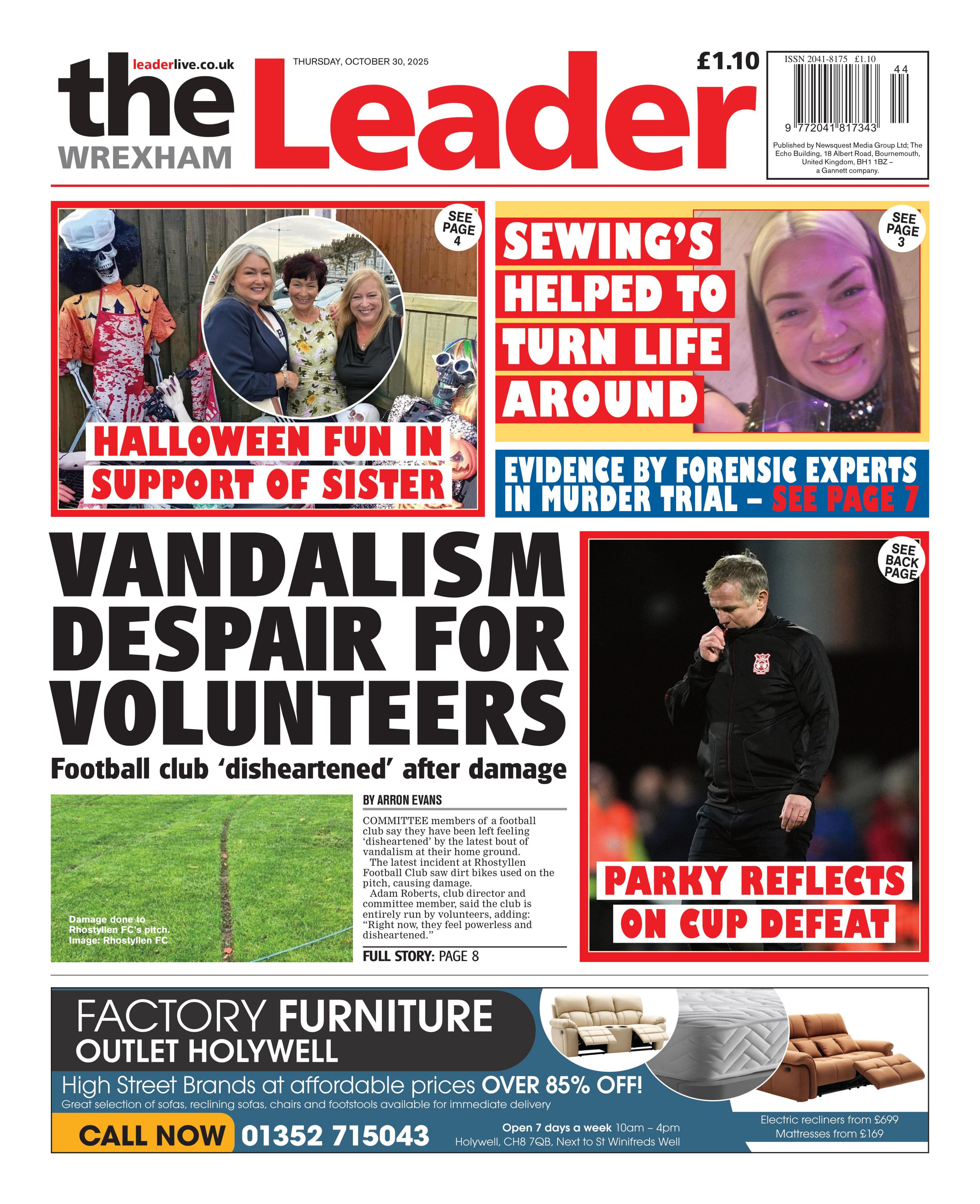 Wrexham Leader front page. Main headline reads "Vandalism despair for volunteers". Next to this is a photo of Phil Parkinson, Wrexham manager, with the headline "Parky reflects on cup defeat". Above is a headline reading: "Halloween fun in support of sister". Next to this is a photo of a woman, with the headline "Sewing's helped to turn life around".