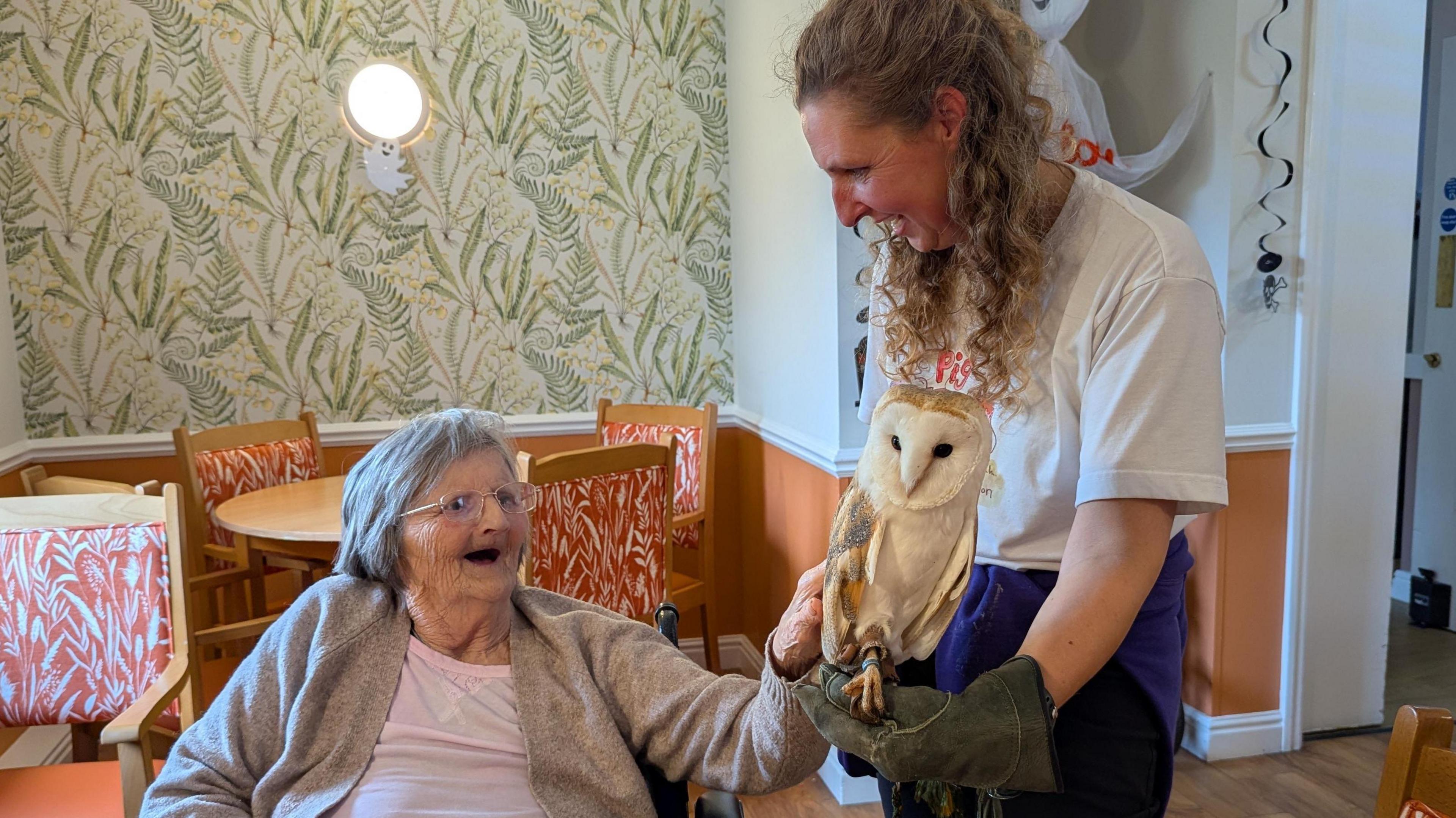 An elderly woman with grey hair and glasses sits in a room with green leaf-patterned wallpaper and orange-floral chairs reaching out to touch a barn owl perched on a gloved hand. She has her mouth open as if smiling, and wears a beige cardigan with a pink top underneath. Another woman stands nearby, holding the owl and wears protective gloves.