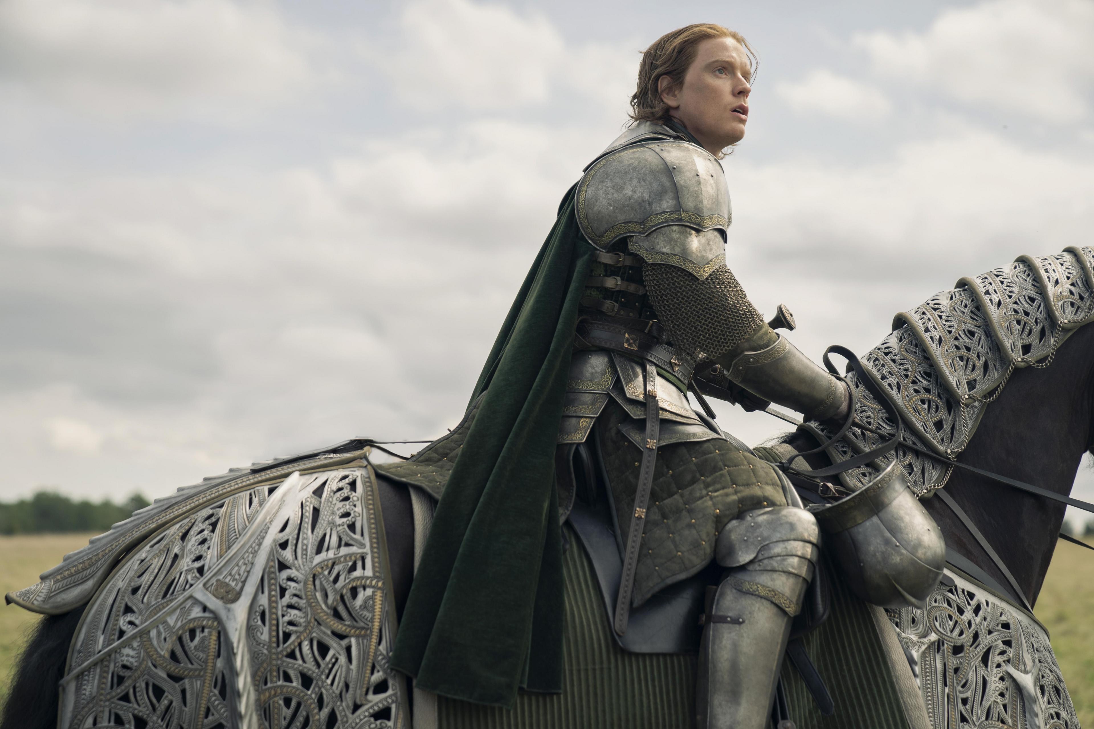 A man in suit of armour, riding a horse also wearing armour