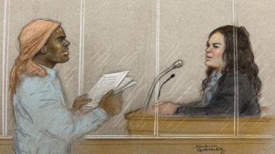 A court sketch of Mr Gordon questioning Ms Marten in the dock
