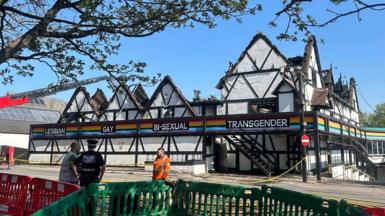Emergency services outside the Pink Punters in Milton Keynes following a fire