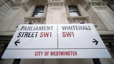 Street sign for Parliament Street and Whitehall in Westminster.