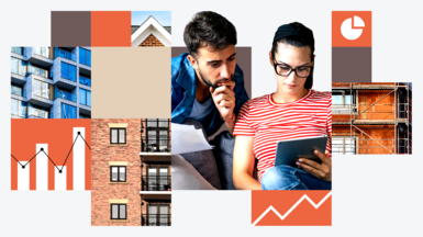 A young couple look at paperwork. Behind them is a graphic showing buildings and charts