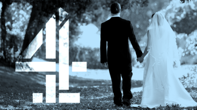 Black-and-white image of two people in formal wedding attire walking away from the camera while holding hands along a tree-lined outdoor path. One person wears a long veil and flowing dress, and the other wears a dark suit. On the left side of the image, a large stylised Channel 4 logo appears, partially overlaid on the scene.