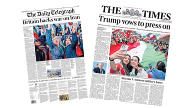 The headline on the front page of the Daily Telegraph reads: “Britain backs war on Iran”. The headline on the front page of the Times reads: “Trump vows to press on”.