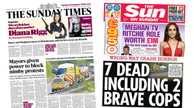 A composite image of the front pages of the Sunday Times and the Sun on Sunday. "Mayors given power to block nimby protests" reads the headline on the front page of the Sunday Times and "Meghan TV Ritchie role worth £1m but big deal could be off" reads a headline on the latter.