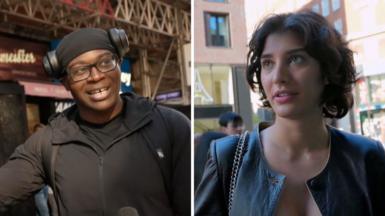 Split screen photo showing man and woman interviewed by the BBC on the street
