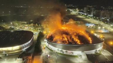 A shot of the Velodrome, on fire.