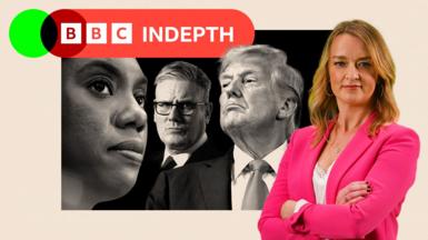 A treated image of Kemi Badenoch, Keir Starmer and Donald Trump