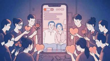 An illustration showing a pair of couple going live on their social media channel, who are surrounded by sad-looking young people handing their hearts and some flowers to the influencers