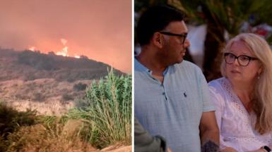 Composite image showing flames burning on hill on the left and couple sitting next to each other on the right