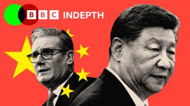 A treated image of close up shots of Keir Starmer and Xi Jinping