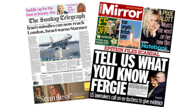 The headline on the front page of the Sunday Telegraph reads: “Iran's missiles can now reach London, Israel warns Starmer”. The headline on the front page of the Mirror reads: “Tell us what you know, Fergie”.