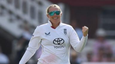 Sophie Ecclestone celebrates a wicket for England in the Lord's Test against India