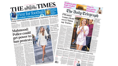 The headline of the Times reads: "Mahmood: Police could get power to ban protests" while the headline of the Daily Telegraph reads: "PM must 'come clean' over China say Tories".