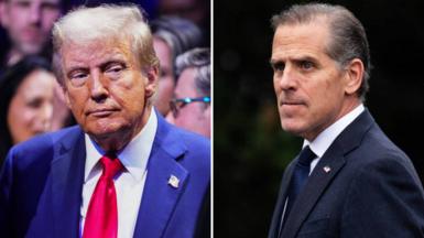 A composite image of Donald Trump and Hunter Biden. Donald Trump is on the left and wears a navy suit, white shirt and red tie. Hunter Biden is on the right and wears a dark suit and tie.