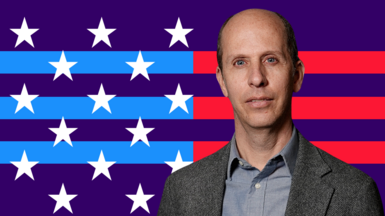 Anthony Zurcher in front of a graphic of the US flag 