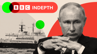 Vladimir Putin in black and white, superimposed over red and green circles and a picture of a ship 