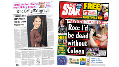 A composite image of The Daily Telegraph and The Daily Star. The headline of the former reads "Burnham: MPs want me to oust Starmer" and the headline of the latter reads "Wayne's booze hell".