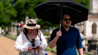 A man wearing sunglasses carries an umbrella while a woman next to him wearing a hat looks at her phone in her hand