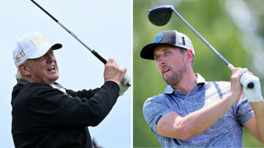 A split picture of US President Donald Trump and England striker Harry Kane playing golf 