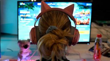 A woman, seen from behind, wearing pink over-ear headphones with plastic cat ears protuding from the headband sits in front of a computer monitor. The colorful screen casts a blue glow over the scene. A half-full bottle of Lucozade and a small soft toy koala are placed on the desk in front of her.