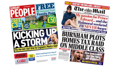 The headline on the front page of the Sunday People reads: “Kicking up a storm”. The headline on the front page of the Mail on Sunday reads: “Burnham plots homes tax raid on middle class”.