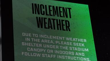 A message at the Q2 Stadium in Texas tells fans to seek shelter because of extreme weather