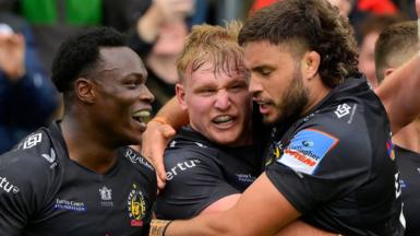 Exeter celebrate a try
