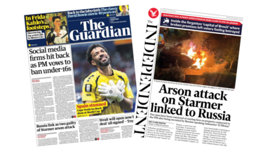 The headline on the front page of the Guardian reads: “Social media firms hit back as PM vows to ban under-16s”. The headline on the front page of the Independent reads: “Arson attack on Starmer linked to Russia”.