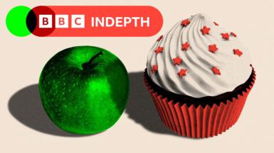 A treated image showing a green apple next to a cupcake