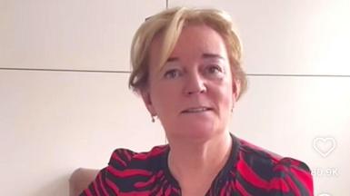 A screengrab from video of Jo Malone wearing a red and black striped top against a neutral background, with likes and share counts embedded as white graphics over the screen on the right, showing the post had 80.9k likes, 3786 comments and 14.6k shares.