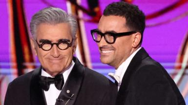 Eugene Levy and Dan Levy speak on stage at the 76th Primetime Emmy Awards in Los Angeles, California, U.S., September 15, 2024