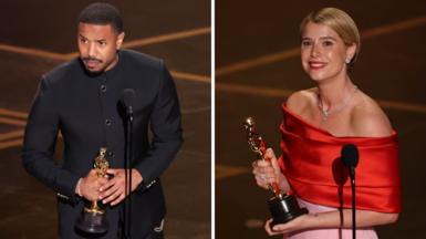 Splitscreen. Left, Michael B Jordan. Right, Jessie Buckley.