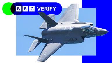 An Israeli F-35 in flight. It has Israeli markers on the wing and is imposed over the BBC Verify colours and branding. 