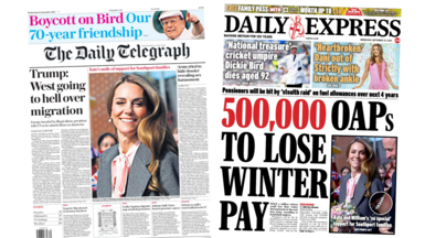 A composite image of The Daily Telegraph and the Daily Express's front pages. The headline of the former reads "Trump: West going to hell over migration" and the headline of the latter reads "500,000 OAPs to lose winter pay". Both feature the same picture of Catherine, Princess of Wales smiling.