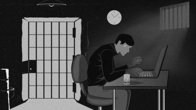An illustration of a man sitting in front of a laptop near a prison cell.