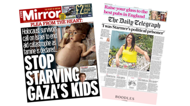 The Mirror's headline reads "Stop starving Gaza's kids". The Telegraph's headline says "I was Starmer's political prisoner".