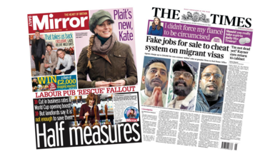The headline on the front page of the Mirror reads: “Half measures”. The headline on the front page of the Times reads: “Fake jobs for sale to cheat system on migrant visas”.