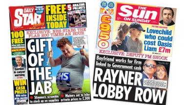 The Daily Star and The Sun on Sunday front pages are pictured next to each other. The Star features a photo of an overweight man next to the headline "the gift of the jab" while the Sun's headline reads "Rayner lobby row". 
