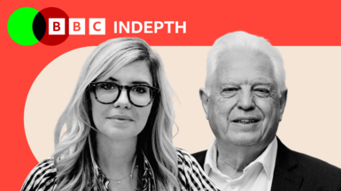 Black and white photos of Emma Barnett and John Simpson against a stylised background of dark orange and light orange. In the top left are two interlinked circles and the BBC logo in front of the words InDepth