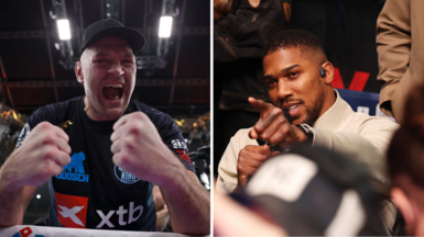 Split image of Tsyon Fury celebrating and Anthony Joshua pointing from ringside
