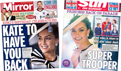 The headline on the front page of the Sunday Mirror reads 'Kate to have you back' and the headline on the front page of the Sun on Sunday reads 'Super trooper'