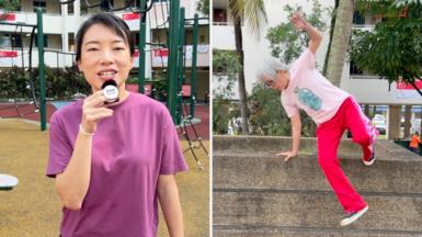 The BBC's Kelly Ng in a split screen with a woman with grey hair wearing pink and doing parkour.